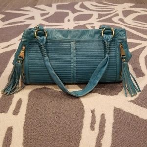 Turquoise Leather & Leopard tassel purse